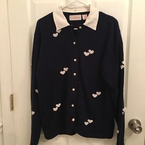 Carroll Reed Blue Cardigan Hearts Beaded Cotton